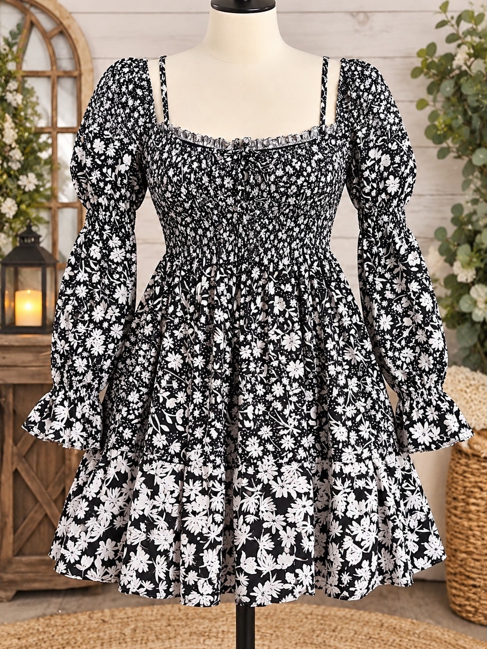 Tecovas X Kristopher Brock Smocked Floral Long-Sleeve Mini Dress - Black/White